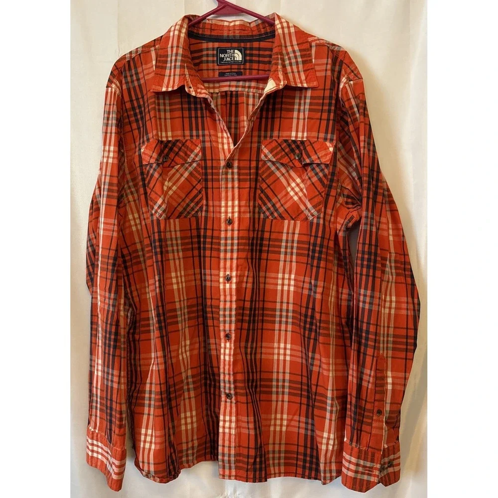 North Face Shirt Mens XL Orange Plaid Button‎ Up Hiking Camping Outdoors Work